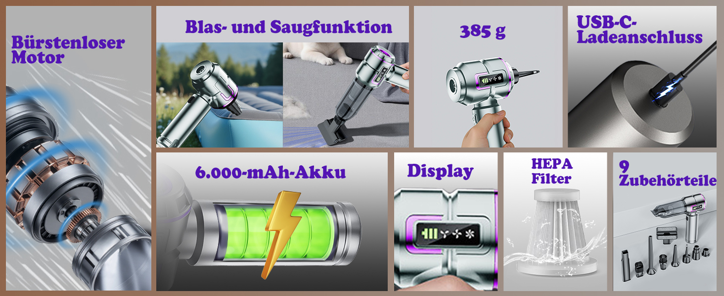 Акумуляторний ручний пилосмок 25000Па 100W з безщітковим двигуном, функцією видування та всмоктування, 6000mAh, 3 режими роботи, для авто, дому та офісу