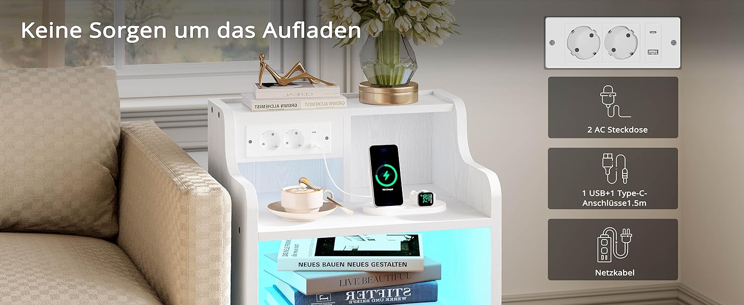 Нічний столик IRONCK з LED-підсвіткою, розеткою та функцією зарядки, з ящиками, білий.