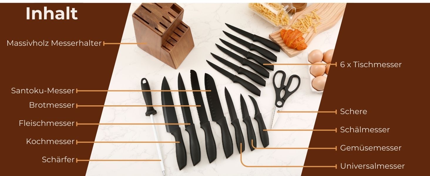 Набір ножів кухонних 15 шт. з дерев'яним блоком (з ножицями та точилкою). Набір ножів з блоком з масиву акації