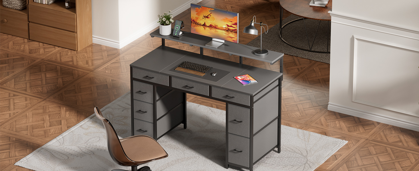 Комп'ютерний стіл з 8 висувними ящиками, 2 розетками, USB-портами, LED-підсвічуванням та підставкою для монітора, 120 x 50 x 74 см (сірий)