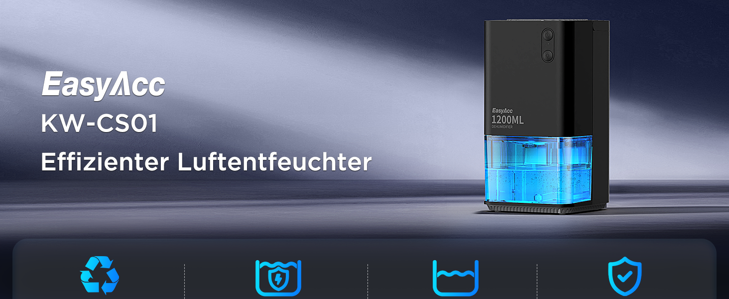EasyAcc Електричний осушувач повітря 1200 мл, компактний, тихий, портативний, з автовимкненням та режимом сну. Ідеально для офісу та дому. Чорний колір.
