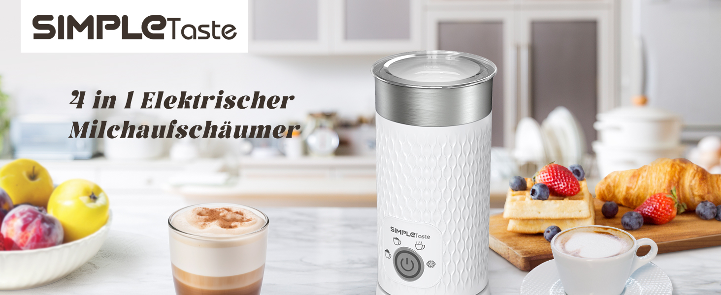 SIMPLETASTE: Електричний спінювач молока 4-в-1, автоматичний, для гарячого та холодного напою, з підігрівом, автоматичне вимкнення, білий