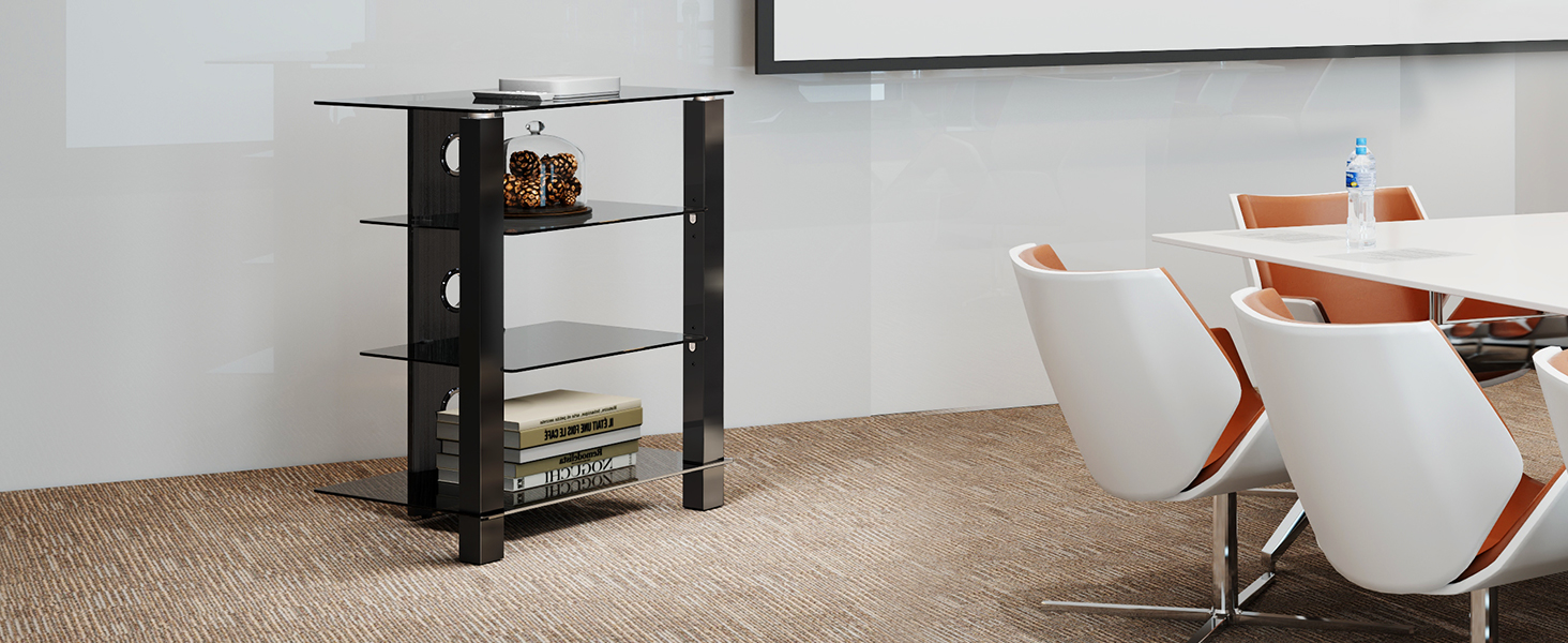 Стельова полиця FITUEYES для телевізора та аудіоапаратури з регульованою висотою, скло та алюміній