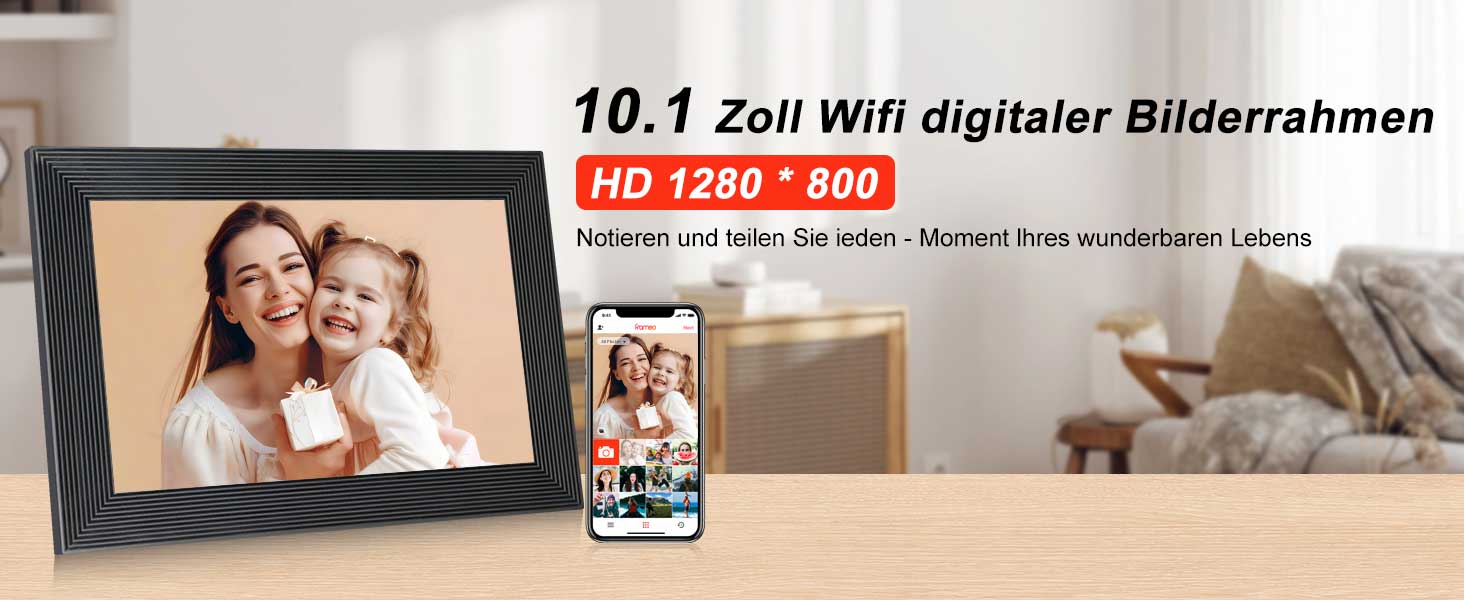 Frameo Цифровий фоторамка 10.1 дюйма з Wi-Fi, HD сенсорний екран, 16GB пам'ять, автоматичне обертання, віддалене завантаження фото та відео, настінний монтаж (чорний)
