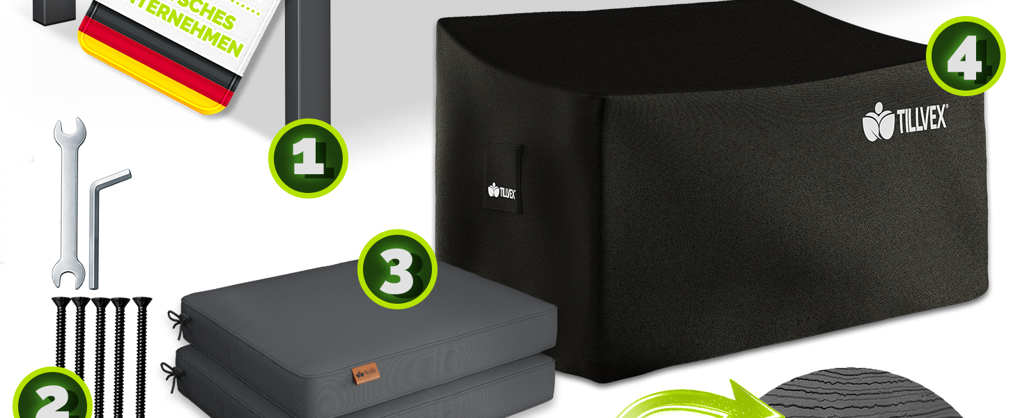 Садова лавка Tillvex® 3-4 місця з подушками та чохлом, вулична, стійка до погодних умов, деревоподібна, до 300 кг, антрацит 150 см