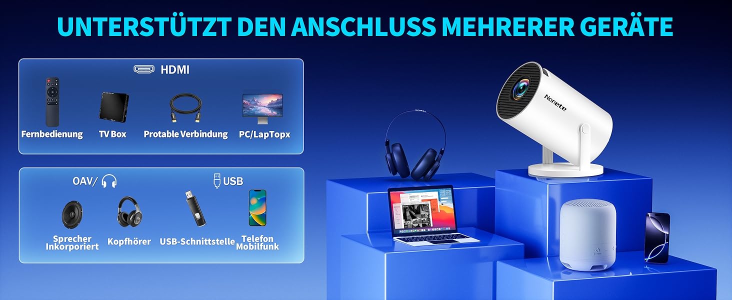 Beamer 4K проєктор: Full HD 1080P, WiFi 6, Bluetooth 5.2, Android, портативний, поворотний 270°, авто-корекція Keystone, для PC/HDMI/USB, з мишкою та пультом, білий