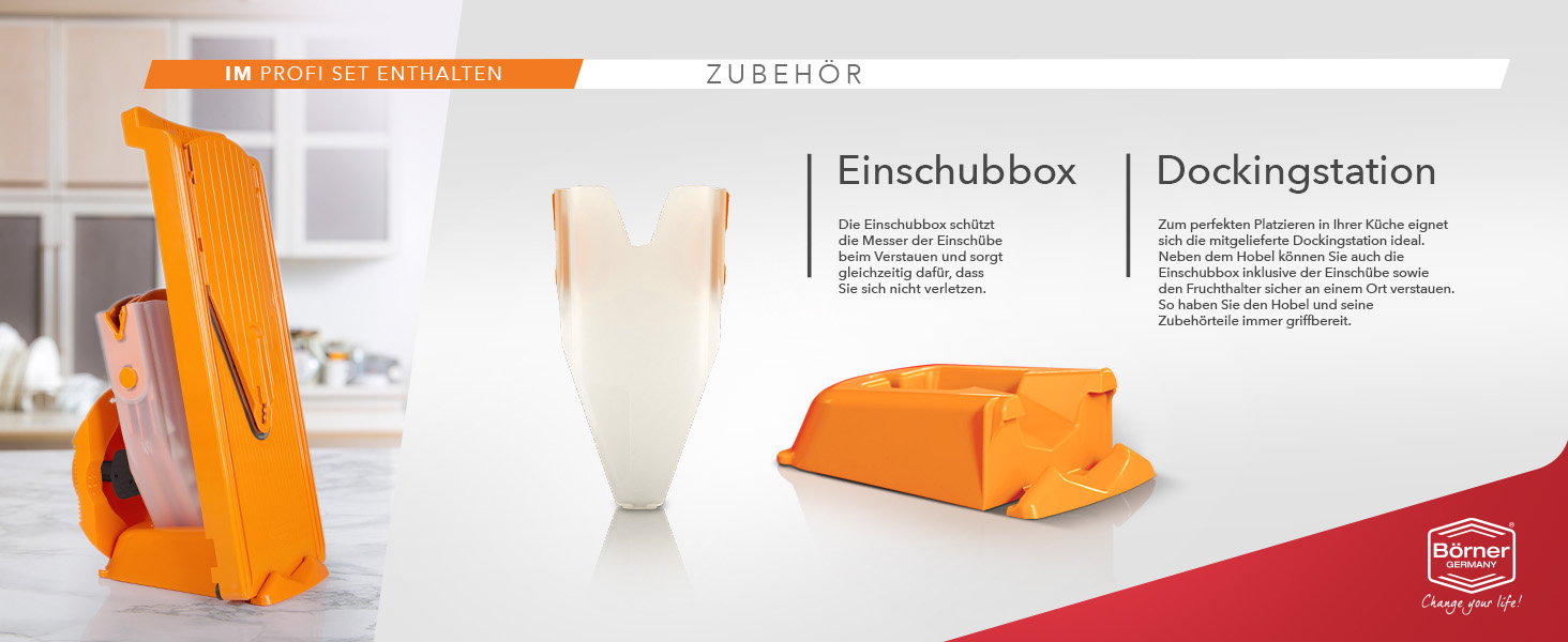 Набір Börner Gemüsehobel V3: V-овочерізалка для 5 видів нарізки, з нержавіючою сталею, з тримачем для фруктів, оранжевого кольору