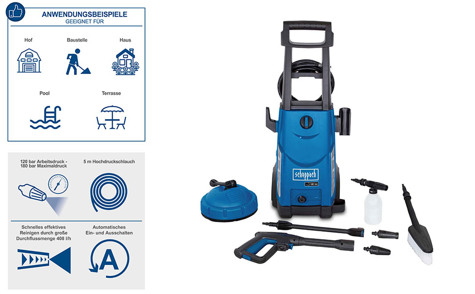 Високотискний мийник Scheppach HCE2400 з аксесуарами (7 шт.) та резервуаром для миючого засобу | 5м шланг | 180 бар | 2400 Вт | продуктивність 480 л/год | мобільний мийник з функцією всмоктування