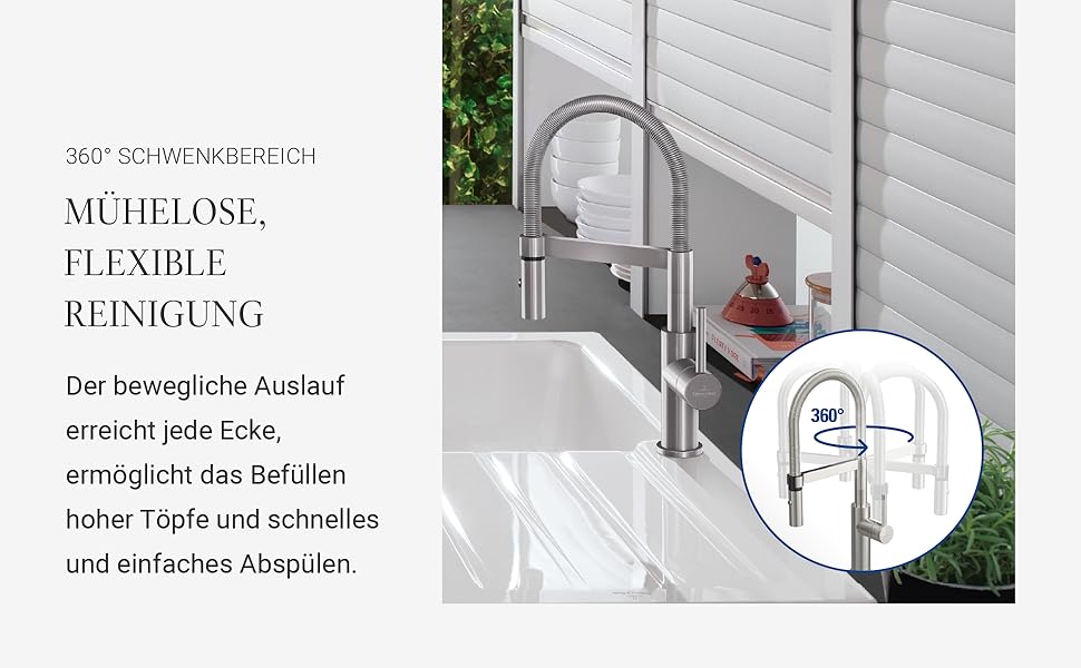 Змішувач кухонний Villeroy & Boch Steel Expert Compact, нержавіюча сталь, поворотний вилив, економія води, висота 143 мм