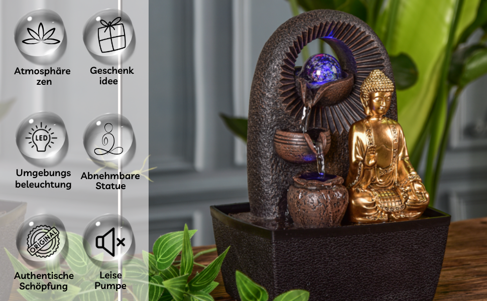 Джерело води Zen'Light від Zimmerbrunnen з Буддою та LED-підсвічуванням. Сучасна декорація для медитації та релаксації. Об'єкт Фен-Шуй, висота 26 см, колір горіх (Bhava)