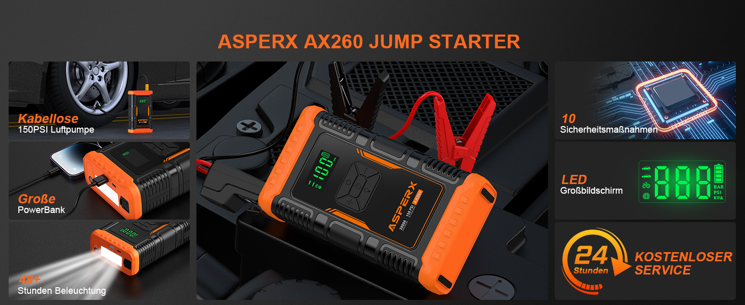 Powerbank з компресором ASPERX Starthilfe 150PSI, 3000A - пусковий пристрій для авто, мото, SUV (до 10л бензину/8л дизеля) з LED-ліхтариком