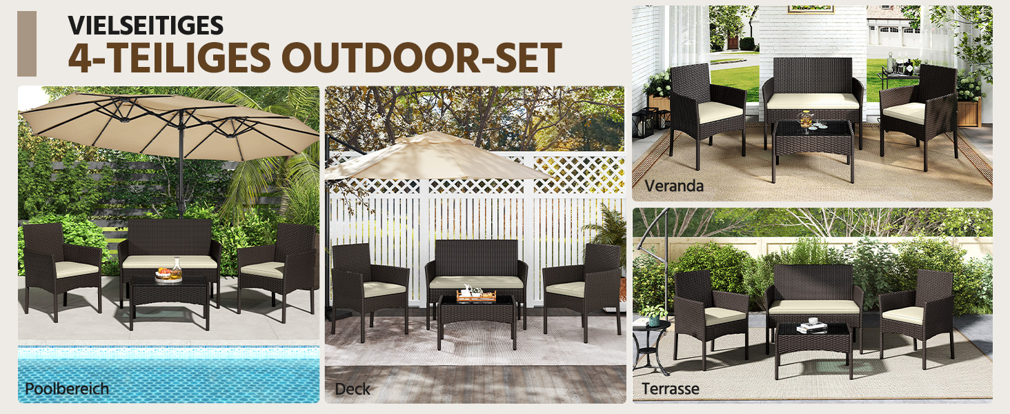 Набір садових меблів Yaheetech на 4 особи: диван, 2 крісла, стіл, подушки. Набір меблів для балкона, тераси, саду. Чорний та сірий (коричневий та бежевий).