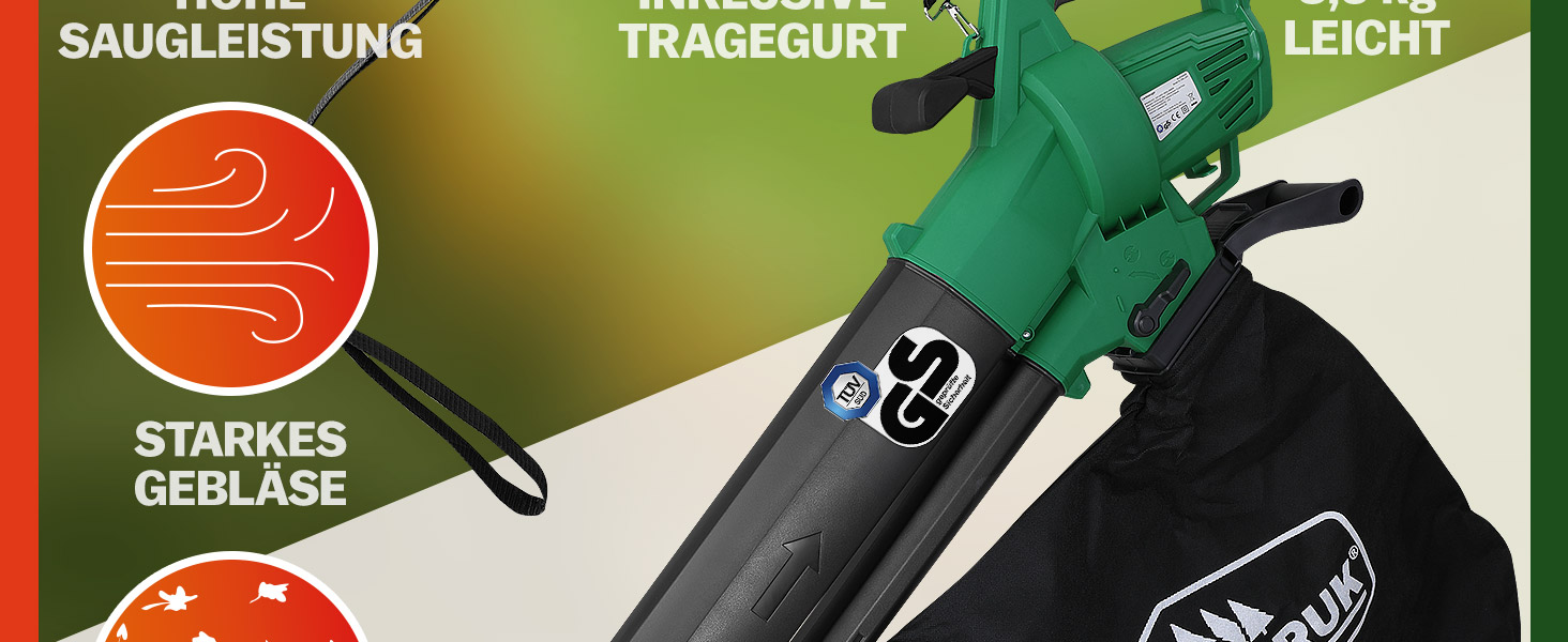 Електричний садовий повітродув-пилосос Gardebruk 3 в 1 з подрібнювачем листя, 3000W, 270 км/год, 45 л, ремінь на плече