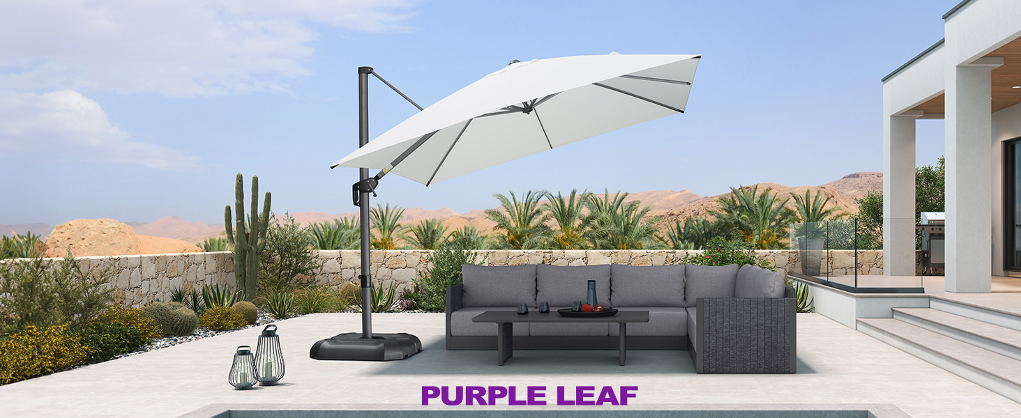 Парасолька від сонця PURPLE LEAF 300x300 см, велика підвісна парасолька-ампел з рукою-курбою, поворотом на 360° та хрест-підставкою для тераси та балкона, біла