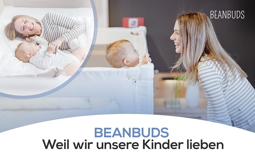 Захисний бортик для ліжка BEANBUDS® 200 см, бежевий - захист від випадання для дитячого та батьківського ліжка, з ременями для кріплення (1 сторона)