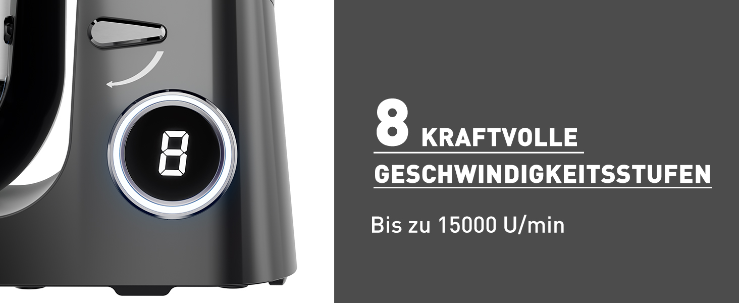 Кухонна машина Heinrichs 2500W з двома гаками для тіста, міксером та насадкою для збивання, 8 швидкостей, чаша 8л з нержавіючої сталі, тиха, з титановим покриттям