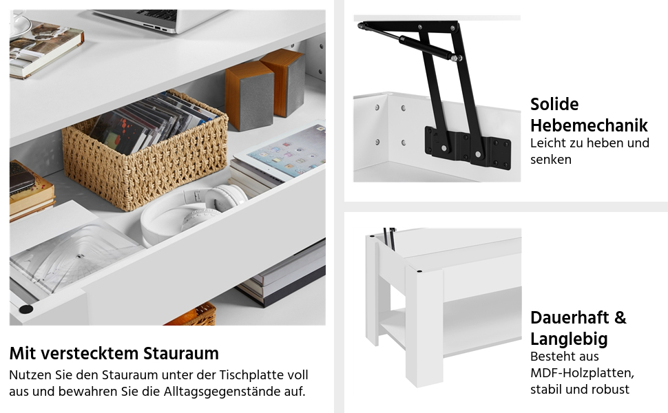Журнальний столик Yaheetech з регульованою висотою та прихованим місцем для зберігання, дерев'яний, для вітальні та офісу (120 x 59 x (49,5-63,5) см, білий)