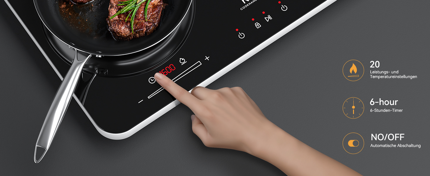 Індукційна плита COOKNANO подвійна 3600W з незалежним керуванням, 20 рівнів потужності та температури, таймер 6 годин, чорна 60x36x5.7 см