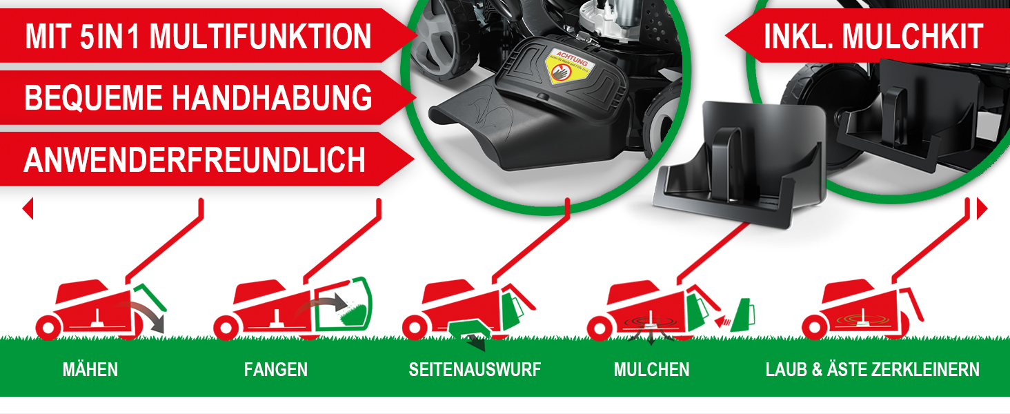 Бензиновий газонокосарка 5-в-1 з потужним двигуном 4.9 PS, 4-тактний, об'єм 173 см³, ширина косіння 46 см, 60л травозбірник, Radantrieb, комплект для мульчування та бічний викид