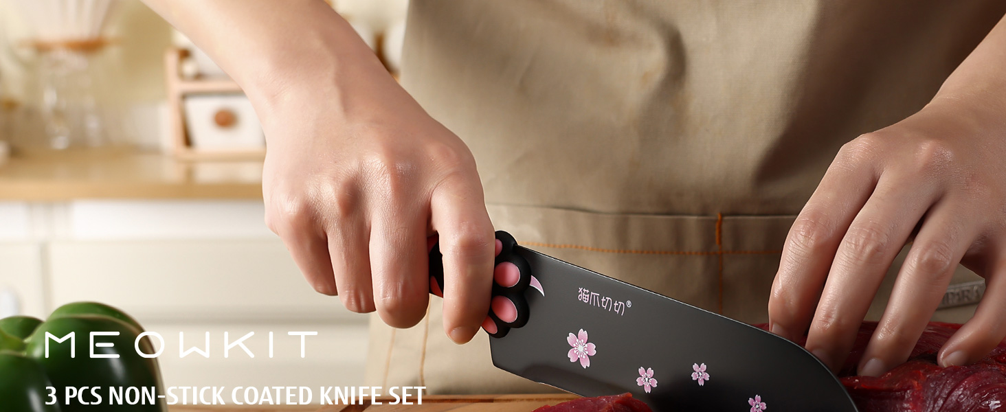 Набір кухонних ножів MEOWKIT 5 шт. з підставкою, нержавіюча сталь, набір ножів у формі котів, чорний/рожевий