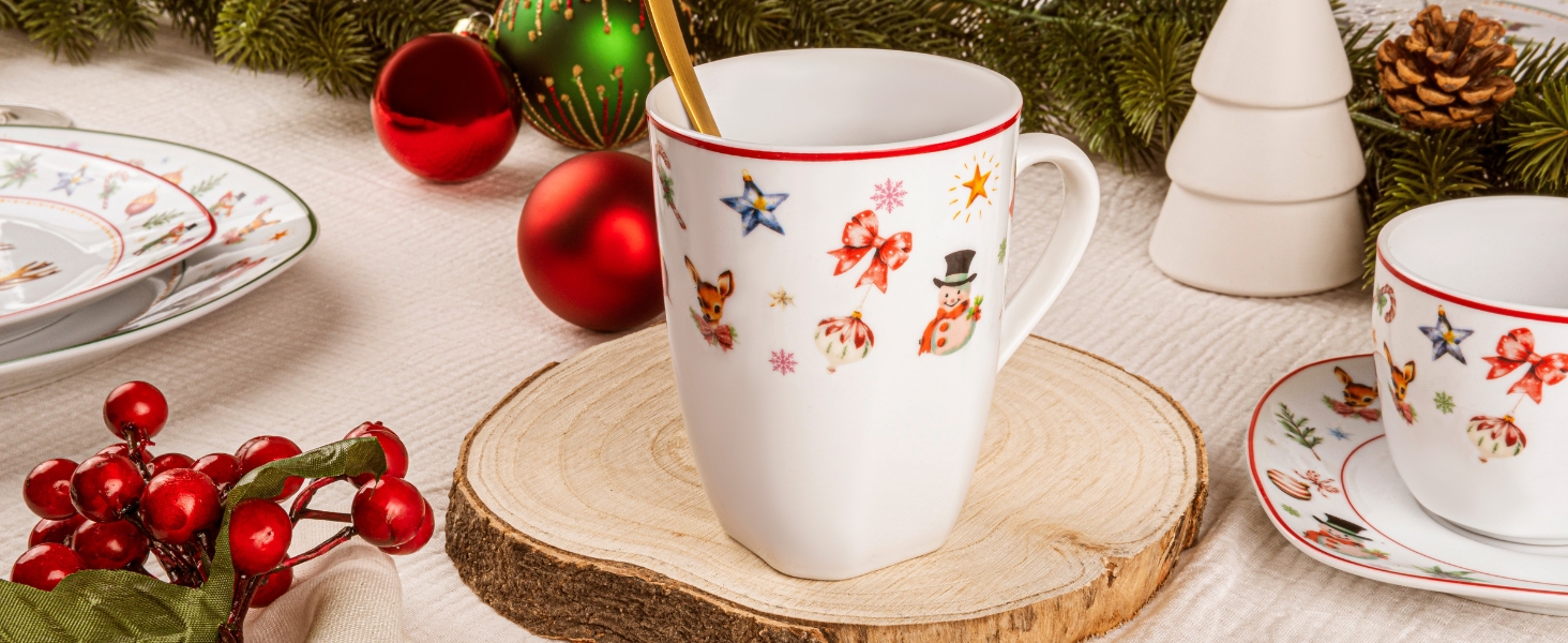 Набір кавових чашок SÄNGER Bilgola Christmas Design (6 шт.) з порцеляни, 350 мл | Преміум якість, для 6 осіб, придатні для миття в посудомийній машині