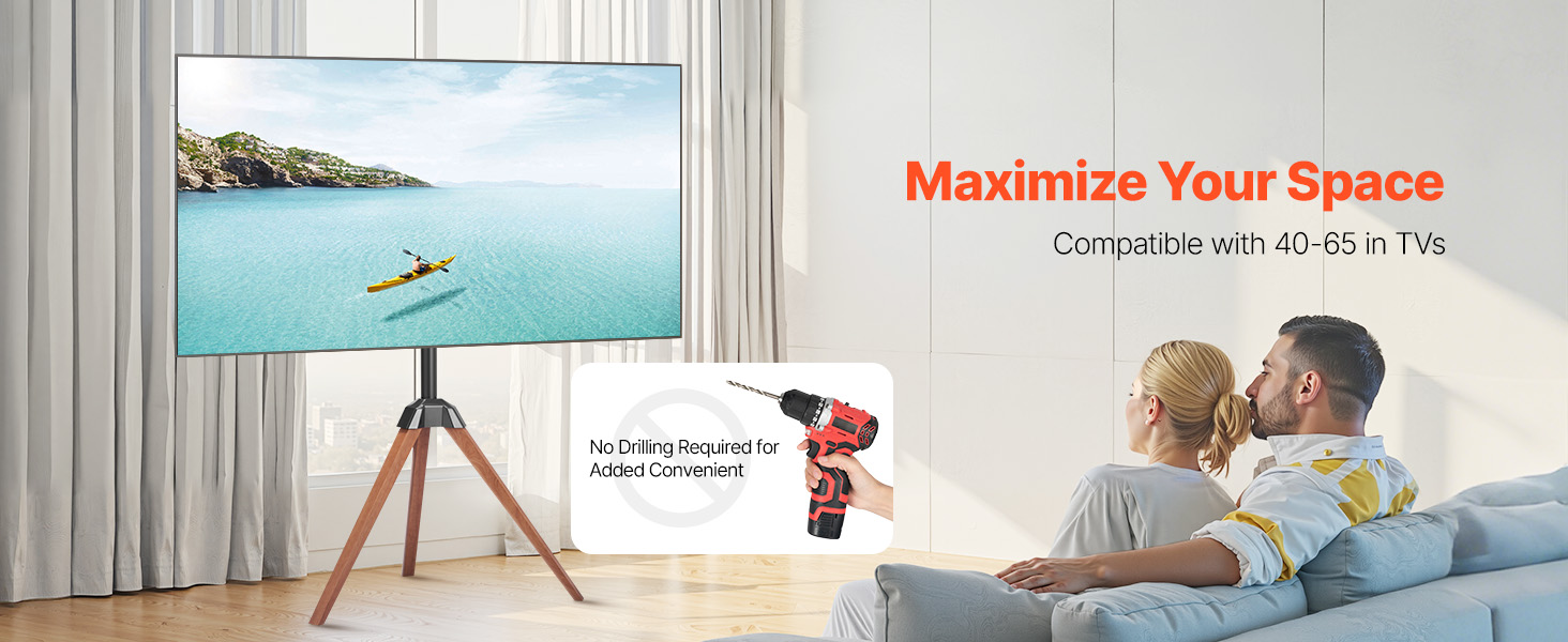 Підставка для телевізора VEVOR з регулюванням на 18° для плоских та вигнутих телевізорів (1016-1651 мм), до 45 кг, дерев'яні ніжки, для спальні, вітальні, студії