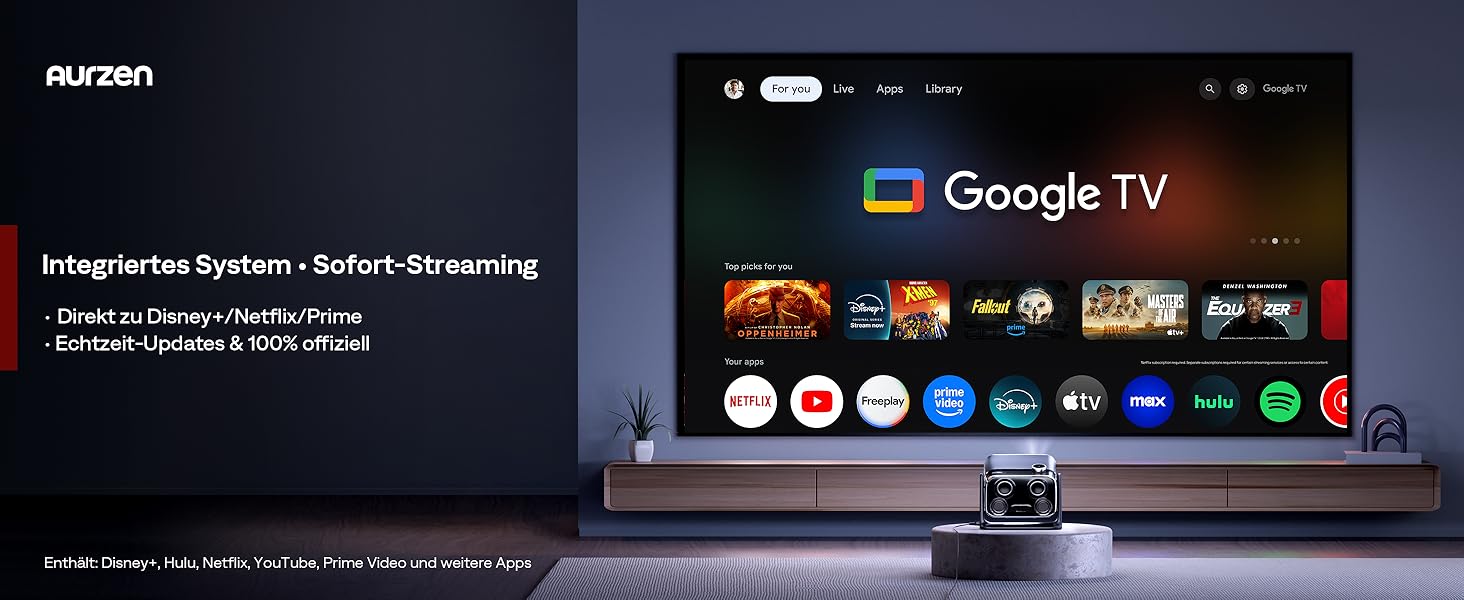 Проектор Aurzen Boom Mini 4-в-1 з Google TV, 4K, 20W Dolby Audio, Wi-Fi, Bluetooth, для дому та на вулицю, автоматичне фокусування, корекція трапецеїдальних спотворень, 500 ANSI люмен (Чорний)