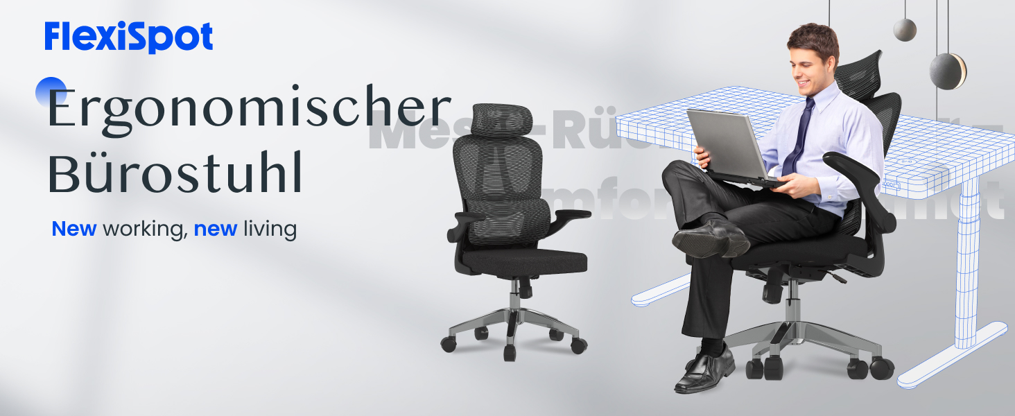 Крісло офісне ергономічне FLEXISPOT з 2D-підголівником, відкидними підлокітниками та динамічною поперековою підтримкою, з функцією гойдання 120°, для дому, офісу та робочого кабінету (чорне), 51 x 73 x 115 см