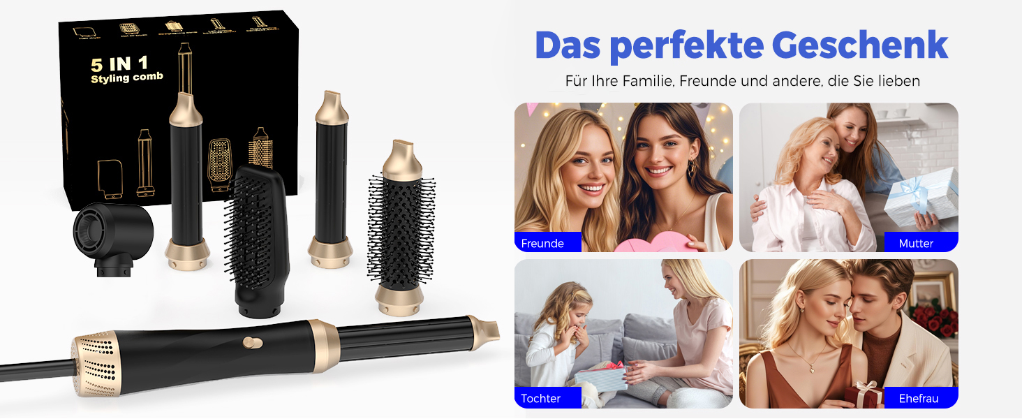UMIGA Airstyler 5 в 1: Фен-щітка, кругла щітка, плойка та випрямляч для волосся 1000 Вт, 3 режими нагріву, рожево-чорний