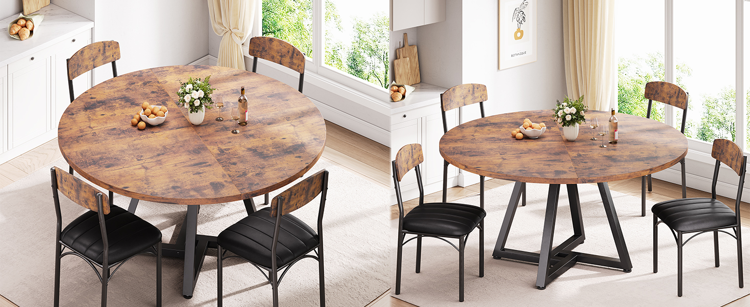 Круглий обідній стіл на 4 особи, кухонний стіл з міцним металевим каркасом, компактний стіл для їдальні в індустріальному стилі (120x120x76 см), вінтажний коричневий