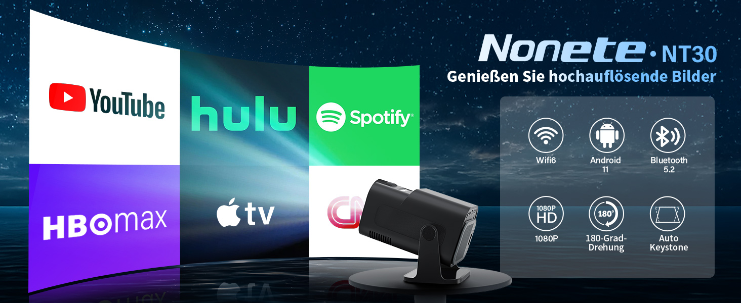 Портативний проєктор Mini Beamer 4K Full HD 1080P з WiFi 6, Bluetooth 5.2, автоматичною корекцією трапецеїдальних спотворень та підтримкою HDMI, TV Stick, Memory Stick, Laptop (білий, чорний)