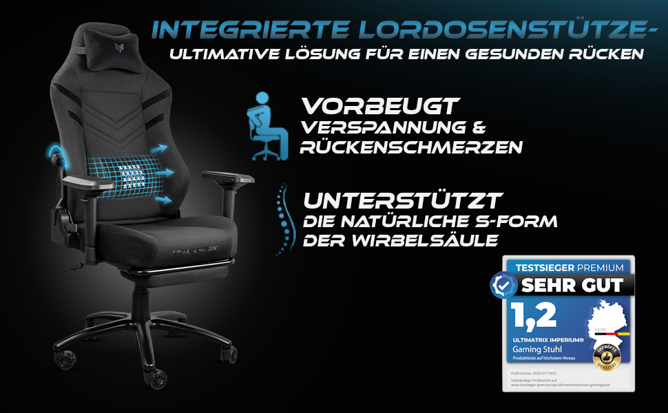 Ігрове крісло Ultimatrix FURY Ergonomic: з підтримкою попереку, 4D-підлокітниками, підніжкою та дихаючою тканиною, витримує до 150 кг, чорне