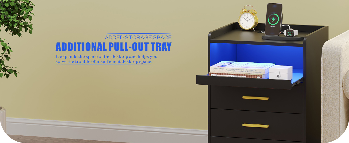 Нічний столик FREDEES з LED-підсвічуванням, ящиком, зарядкою та датчиком руху, сірий (2), чорний