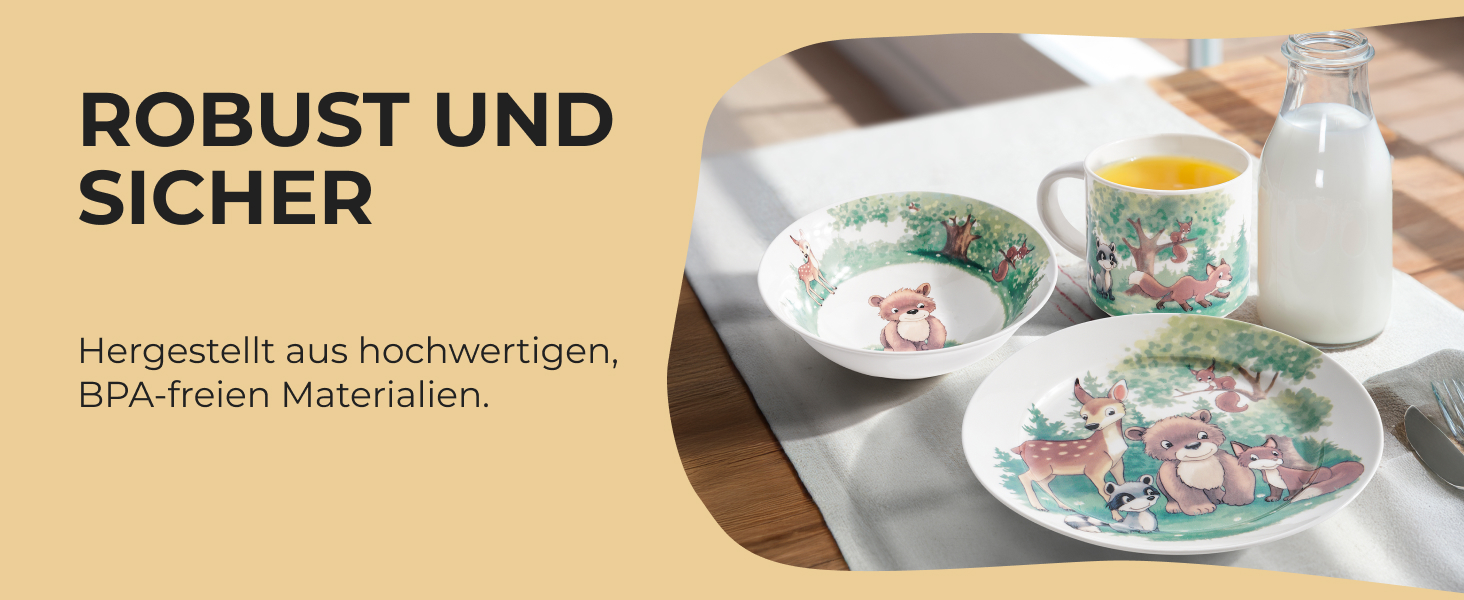 MIAMIO Набір дитячого посуду 3 шт. з порцеляни (тарілка, миска, чашка) - для дітей та малюків (ліс)