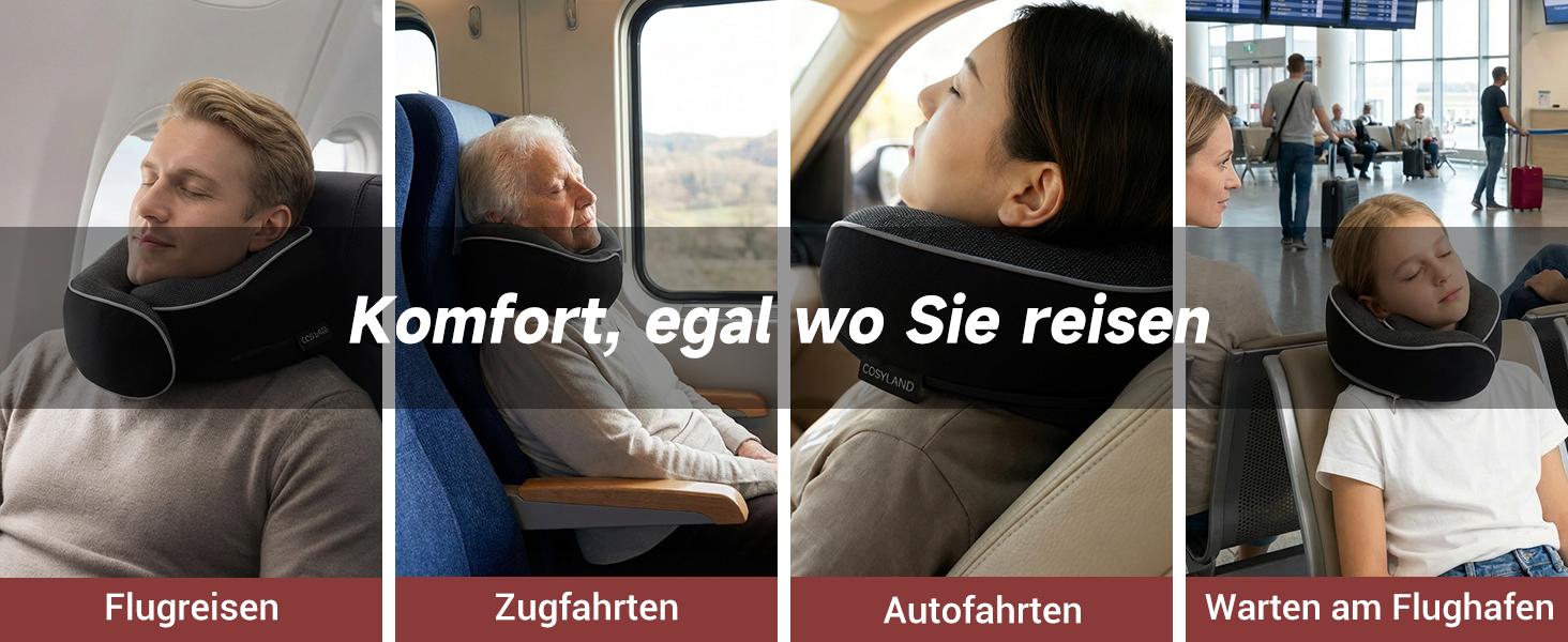 Подорожня подушка для шиї COSYLAND з ефектом пам'яті (Memory Foam) для літака та авто, ергономічна підставка 360°, чорна (набір: маска для сну, беруші, чохол)