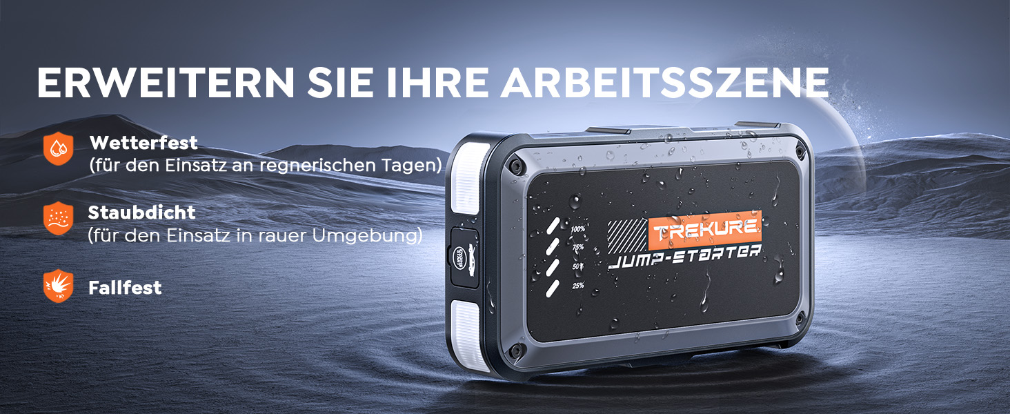 Бустер для автомобіля TREKURE 7000A: Пусковий пристрій (Powerbank) для бензинових двигунів до 9л та дизельних до 6.5л, з функцією примусового запуску, магнітним кріпленням та 4-в-1 LED робочим світлом, сріблястий