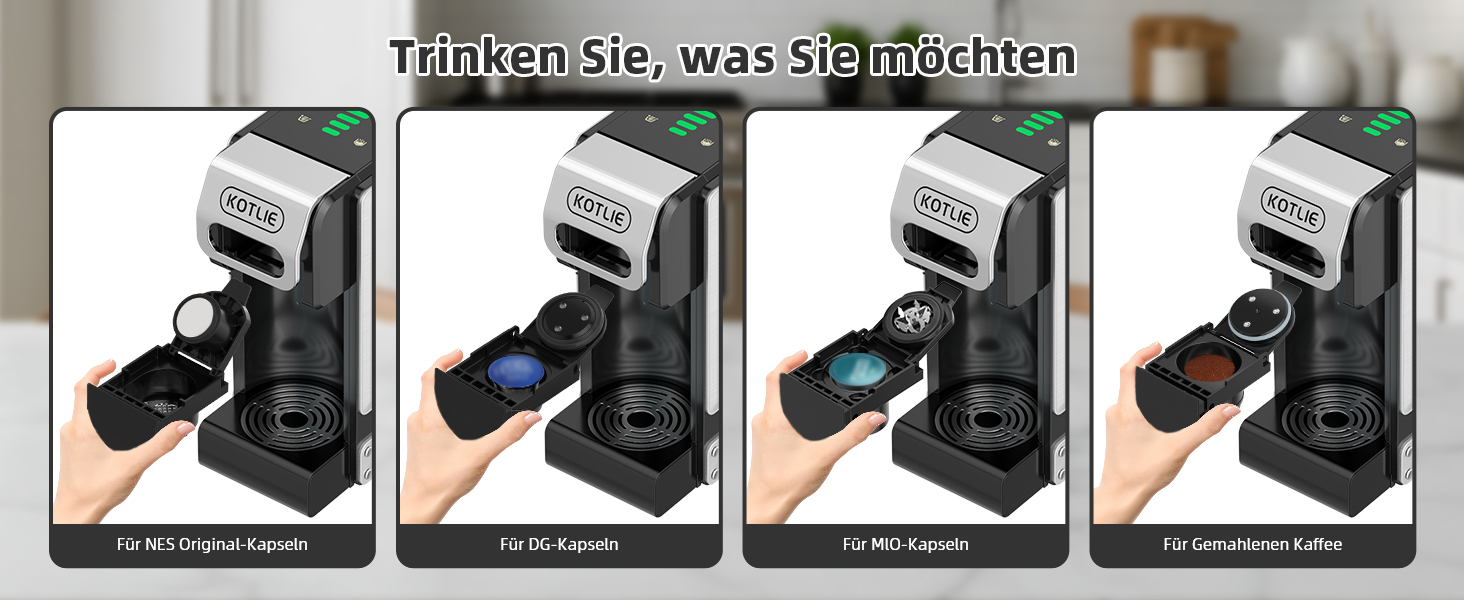 Кавомашина KOTLIE ST-550 Multi-Kapsel: 4-в-1 для Nes Original, Dolce Gusto, Mio та з меленої кави, 19 Bar, 7 рівнів