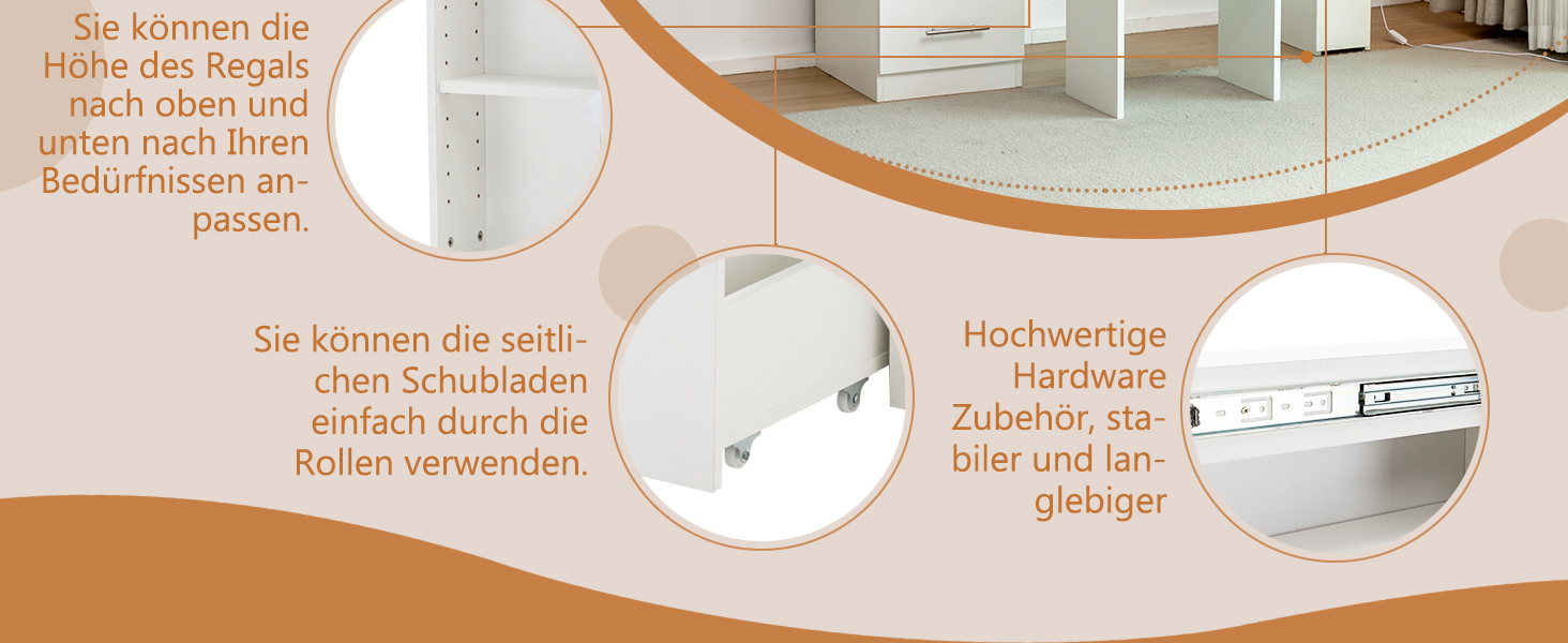 Дзеркальний туалетний столик Thanaddo з підсвічуванням та пуфом, 100×40×136 см. 6 шухляд, відкриті полиці, сучасний дизайн для спальні (білий)