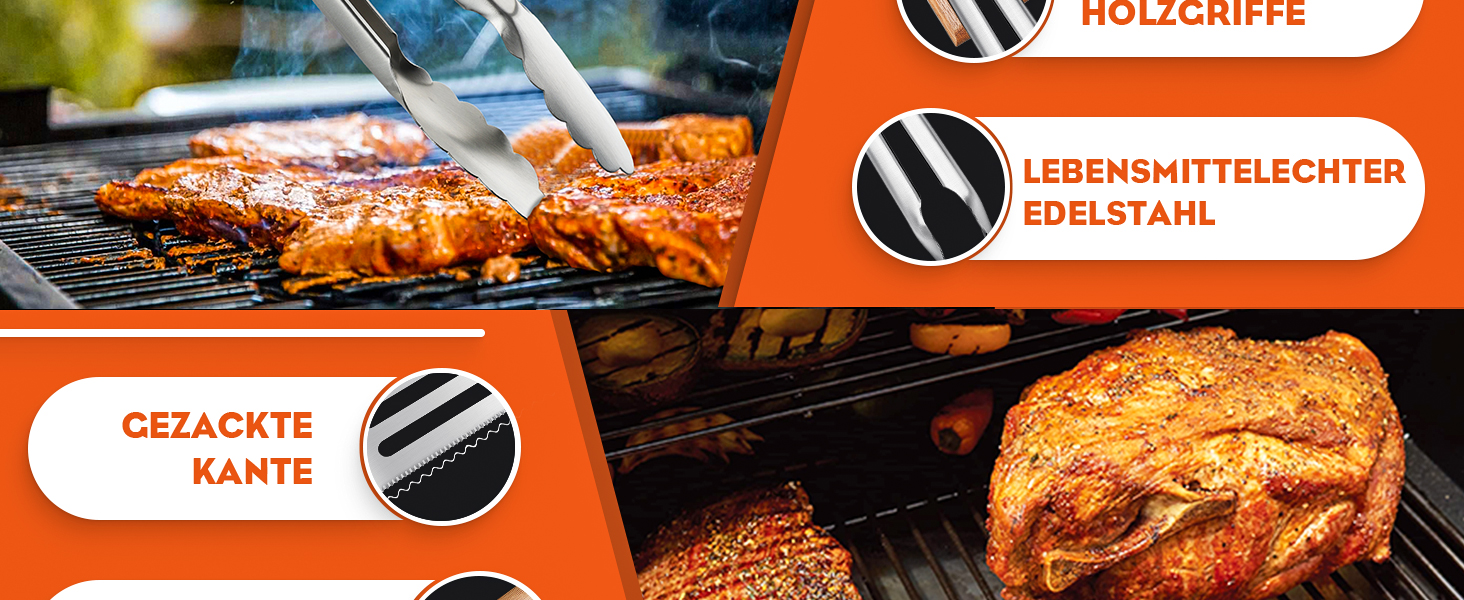 Набір гриля TIVOLI 4-частини з нержавіючої сталі з дерев'яними ручками: щипці, лопатка, щітка, виделка. Ідеальний подарунок для гриля та барбекю.