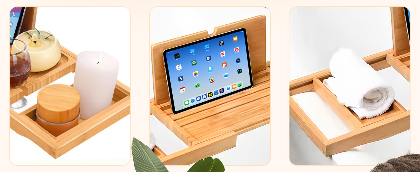 Підставка для ванни ADOV з бамбука, розширювана, з місцем для телефону, книги, напоїв та свічки. Підходить для більшості ванн