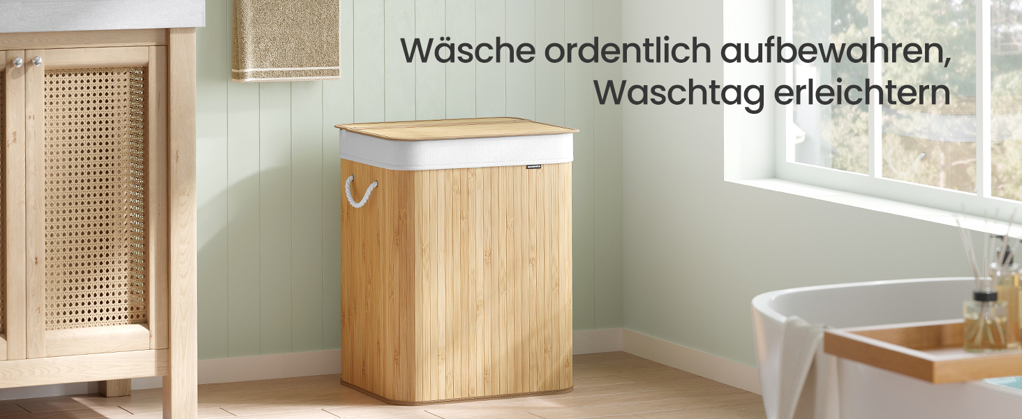 Кошик для білизни SONGMICS 95 л з кришкою, бамбук, з ручками, складний, знімний мішок, придатний для прання, для ванної кімнати, натуральний колір