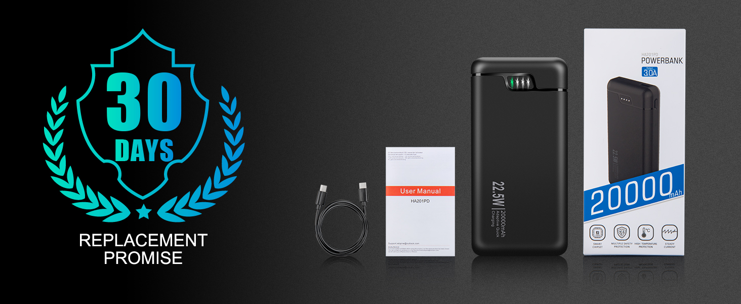 Швидка зарядка 22,5 Вт USB C PD3.0 QC4.0 для смартфонів та планшетів, 20000mAh -