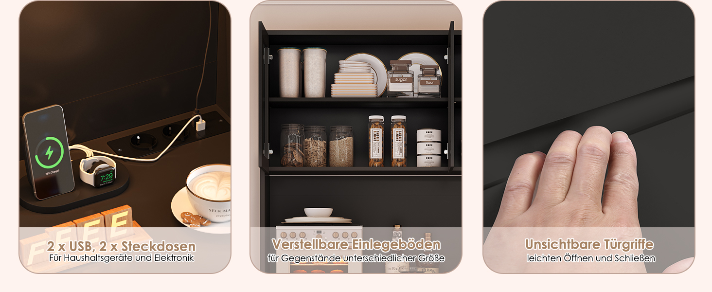 Чорний кухонний буфет з LED-підсвіткою, стільницею та 3 висувними ящиками, 180x100x38.5 см