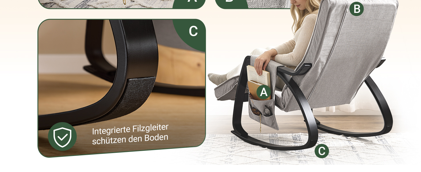 Крісло-гойдалка SoBuy з м'якою оббивкою, підголівником та регульованою підніжкою, сіре - FST20-HG