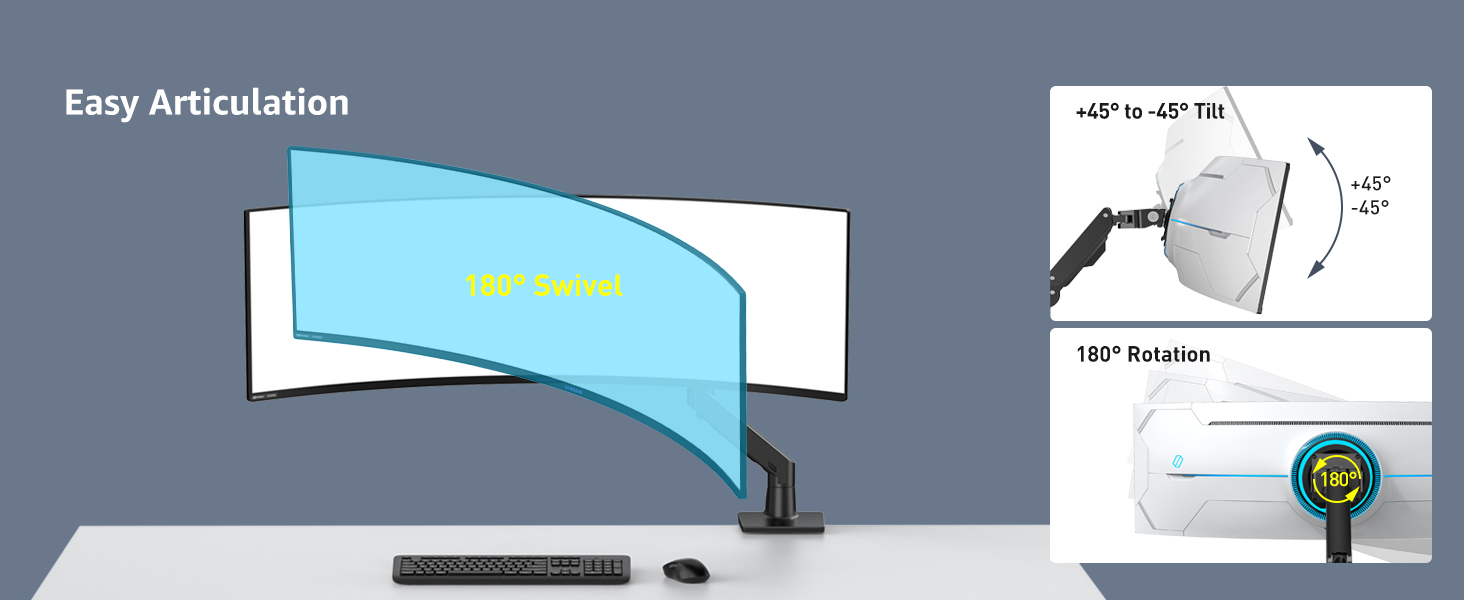 Кріплення для монітора Bewiser: 34-57 дюймів, для широких та вигнутих моніторів, регульоване по висоті, нахил, поворот, газ-амортизатор, VESA 75x75/100x100, чорний