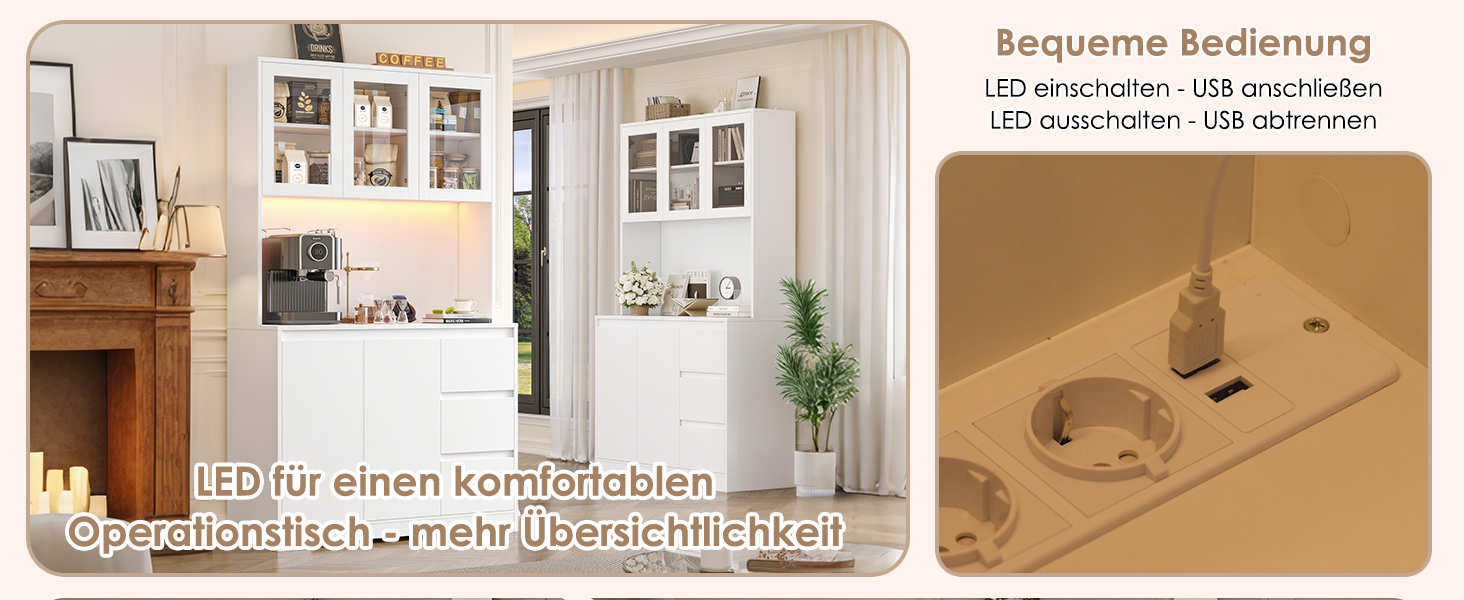 Кухонна шафа FirFurd з LED-підсвічуванням, буфет, комод з робочою поверхнею, 3 висувні ящики, регульована полиця, 180x100x38.5 см (білий)