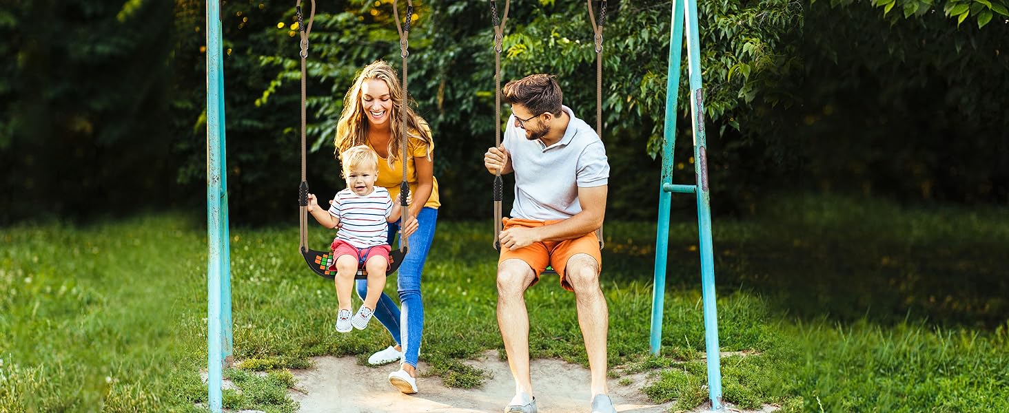 Гойдалка садові SELEWARE з міцним сидінням, 2м регульованим канатом та 2 карабінами, чорна (квадратне сидіння)