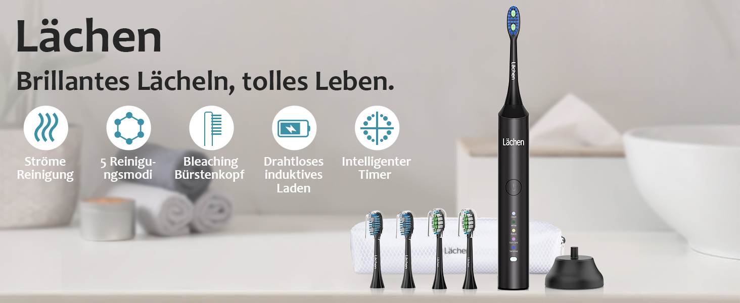 Електрична звукова зубна щітка Läschen з 5 режимами, кейс, 4 насадки, USB-зарядка, таймер, IPX7, чорна