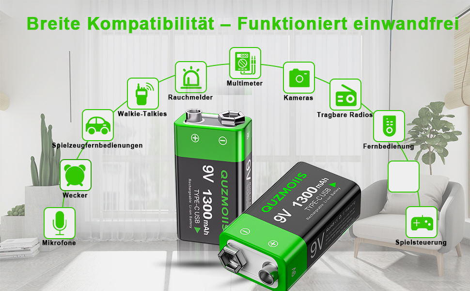 Акумулятор 9V Li-ion 1300mAh з USB-C зарядкою, перезаряджувана батарея типу «Крона» для мультиметрів та датчиків диму (2 шт)