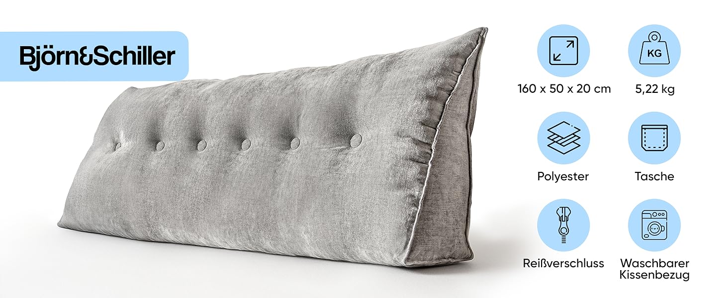 Підвалинник Björn&Schiller для спини - подушка для ліжка та дивана, клиновидна подушка, спинка для стіни, сидіння, декоративна подушка, велика знімною наволочкою (Сірий, 160 см)